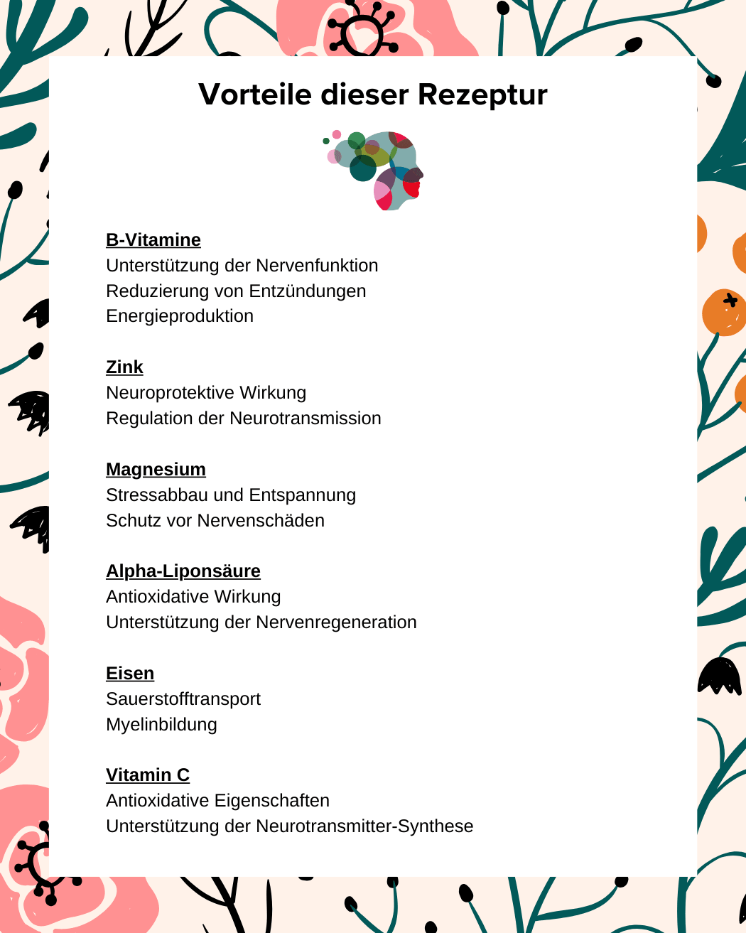 Inhaltsstoffe der deutschen neuro Kapseln gegen Polyneuropathien und gegen Nervenschmerzen. Inhaltsstoffe: Bioaktive B Vitamine, Vitamin B1 gegen Kribbeln und Brennen, organisches Eisen, Vitamin C und organisches Zink und alpha- Liponsäure für gesunde Nerven. Magnesium als magnesiumcitrat gegen Nervenschmerzen, bioaktives Vitamin B1, bioaktives Vitamin B2, bioaktives Vitamin Vitamin B3, bioaktives Vitamin B5, bioaktives Vitamin B9 Folsäure, bioaktives Vitamin B12, bioaktives Vitamin B7 bioaktives Biotin.