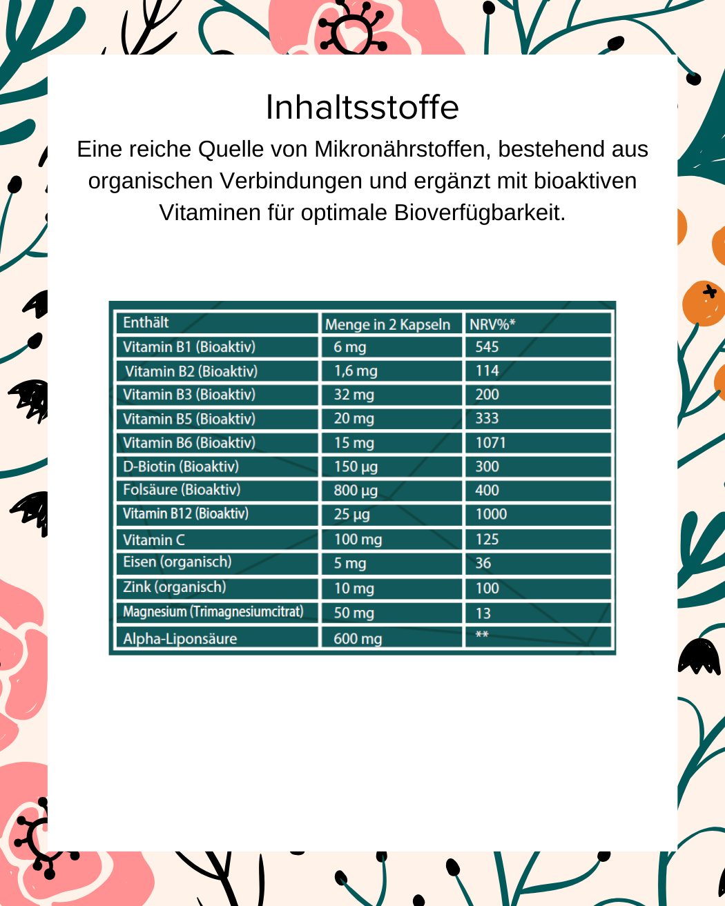 Inhaltsstoffe von Neuro VitalKomplex, ein Nahrungsergänzungsmittel gegen Kribbeln und Brennen in den Füßen, Beinen und Händen. Besten Nahrunsgergänzungsmittel gegen Nervenschmerzen, Vitamine bei Polyneuropathie. Vitamin B1 gegen polyneuropathie, Vitamine gegen Polyneuropathie, Nahrungsmitteln gegen Nervenschmerzen. enthält bioaktive B-Vitamine, Vitamin B12 gegen Nervenschmerzen, Zink, Magnesium, Eisen, Alpha-Liponsäure gegen Nervenschmerzen, Bioaktive Vitamine und organisch, bioaktiv