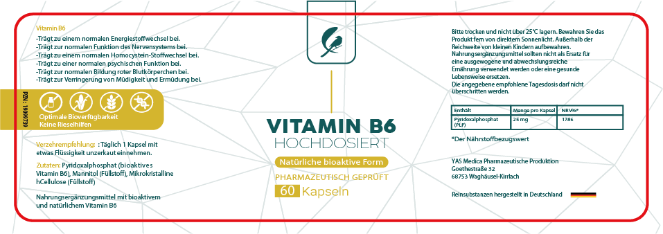 Vitamin B6 Kapseln, vegan, bioaktiv und hochdosiert. hergestellt in Deutschland, große Packungsgröße, vegan Kapseln. Etikett mit Beschreibung der Inhaltsstoffe, pharmazeutisch geprüftes Nahrungsergänzungsmittel für die Erhaltung gesunder Nerven, für eine gesunde Psyche, Vitamin B6 für die Blutbildung und für ein gesundes Immunsystem. gegen Nervenprobleme wie Nervenschmerzen, vegan nd bioaktiv als Pyridoxalphosphat (PLP)