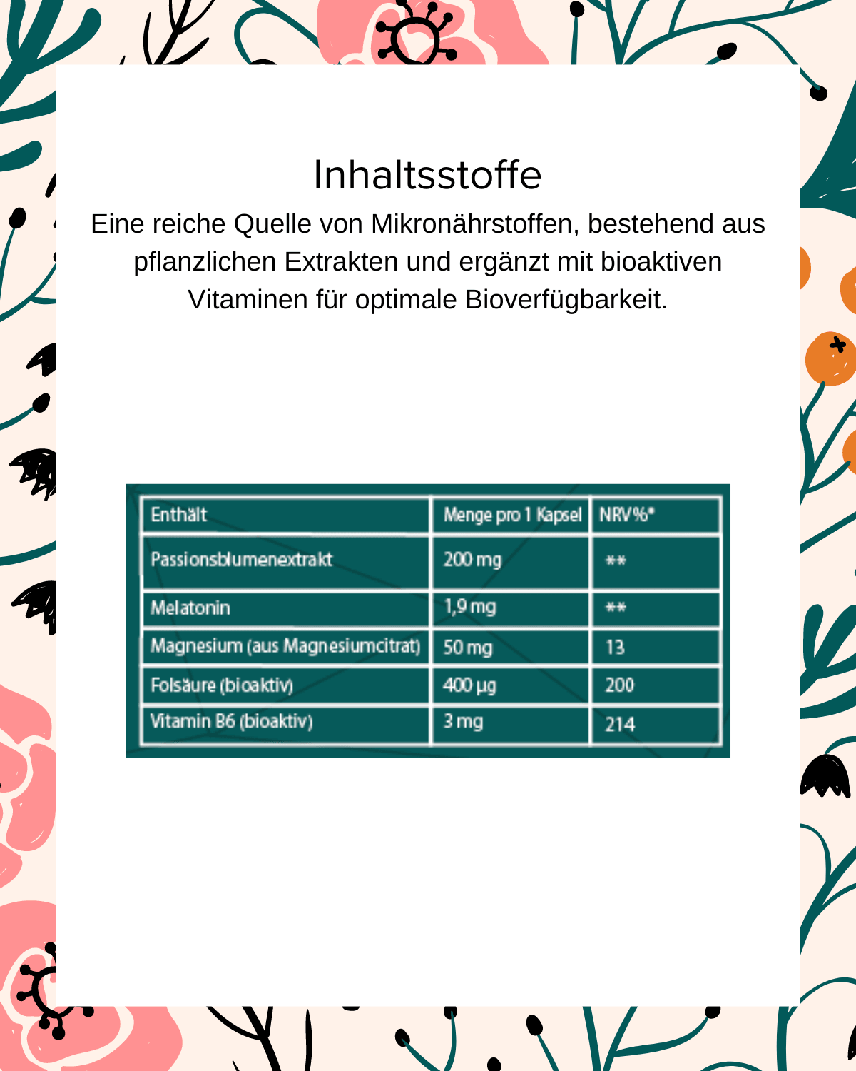 DormiCalm enthält Premium-Mikronährstoffe wie Passionsblumenextrakt, Vitamin B6, Folsäure und Magnesiumcitrat. Es fördert erholsamen und natürlichen Schlaf, unterstützt die Entspannung und einen gesunden Wach-Schlaf-Rhythmus.
