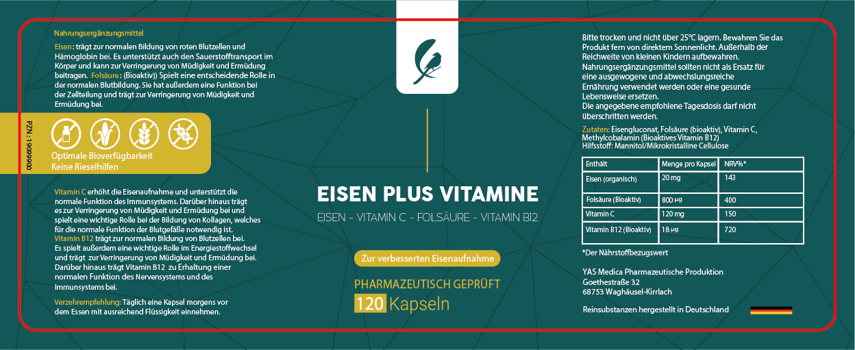 Etikett Eisen Plus Vitamine 120 Kapseln – Zutaten, Nährwerte und Verzehrempfehlung