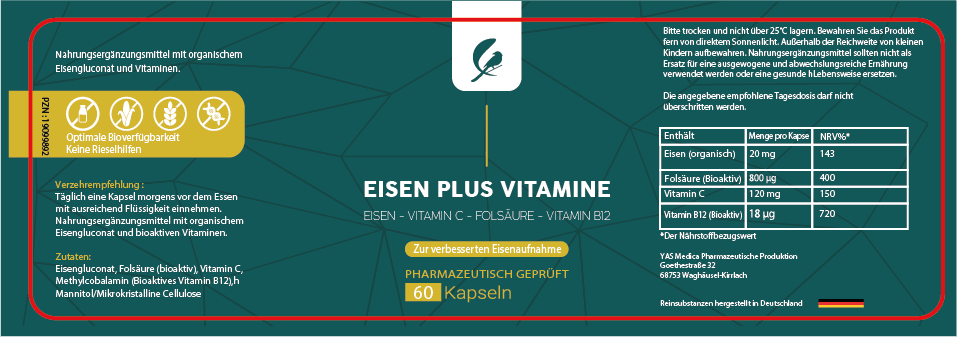 Eisen Plus Vitamine Kapseln – 60 vegane Kapseln von YAS Medica auf weißem Hintergrund