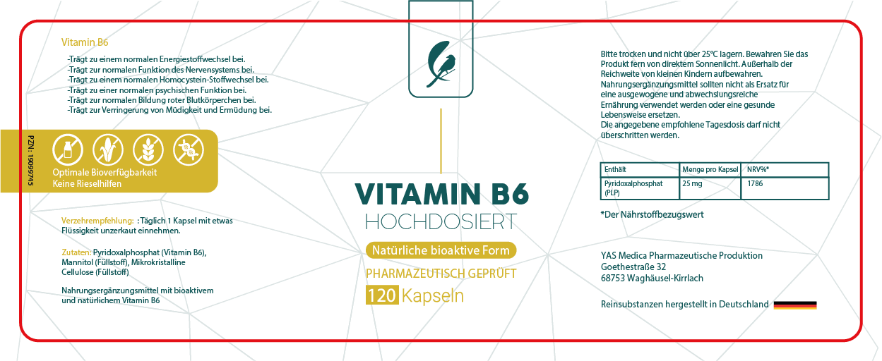 Vitamin B6 als Pyridoxalphosphat (PLP) hochdosiert und bioaktiv, enthält 120 vegane Kapseln mit 25mg Vitamin B6, welches für die Erhaltung gesunder Nerven essenziell ist, Vitamin B6 für die Nervenfunktion und für das Gedächtnis. Vitamin B6 für die Blutbildung, Vitamin B6 für eine gesunde Psyche, vitamin B6 für das Immunsystem, Vitamin b6 Kapseln hochdosiert, Vitamin b6 vegan, Vitamin B6 in natürlicher bioaktiven Form für das Immunsystem und für die allgemeine Gesundheit und Psyche